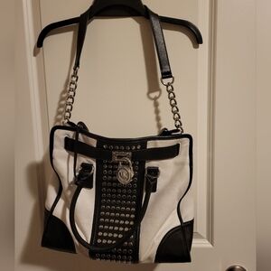 Michael Kors Black and White Studded Shoulder Bag with Chain Accents